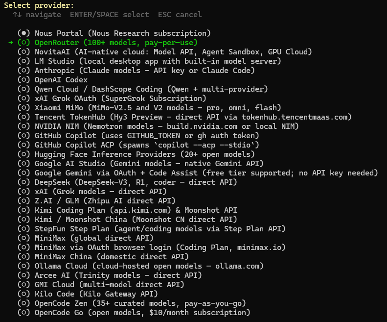 Hermes Provider-Auswahl mit hervorgehobenem OpenRouter