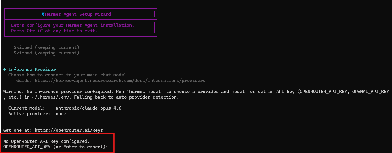Hermes fragt während des Setups nach dem OpenRouter API-Key