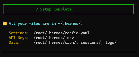 Hermes Setup-Abschluss-Bildschirm mit Konfigurations-, API-Key- und Datenpfaden