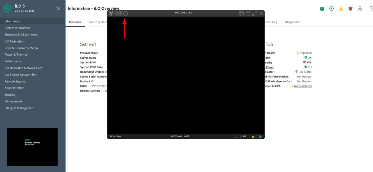 Отворете HPE iLO 5 HTML5 конзолата и менюто за виртуални медии