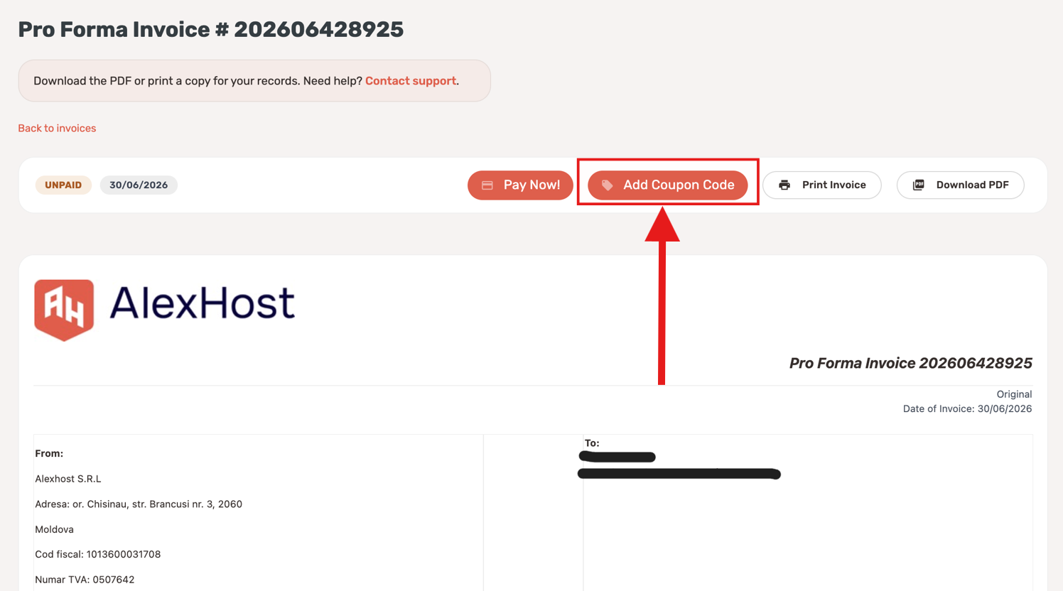 Open your invoice and click Add Coupon Code