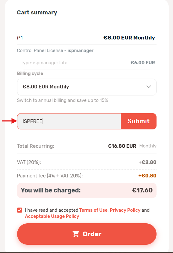 Checkout page showing where to enter the ISPFREE promo code