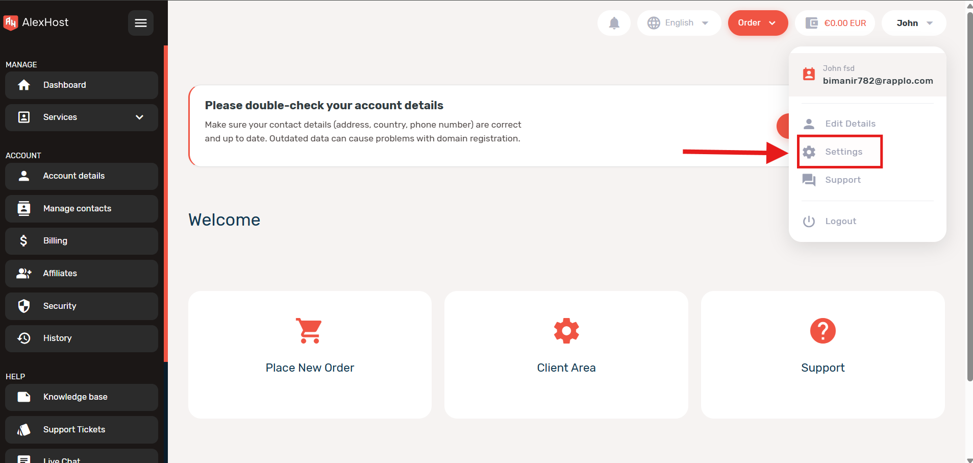 Open Settings in AlexHost Billing
