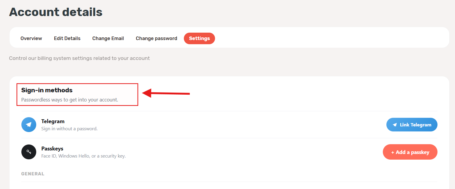 Sign-in methods section in AlexHost Billing