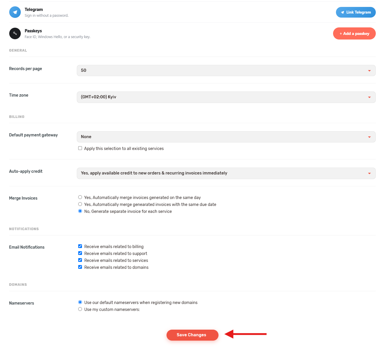 Save changes in AlexHost Billing settings