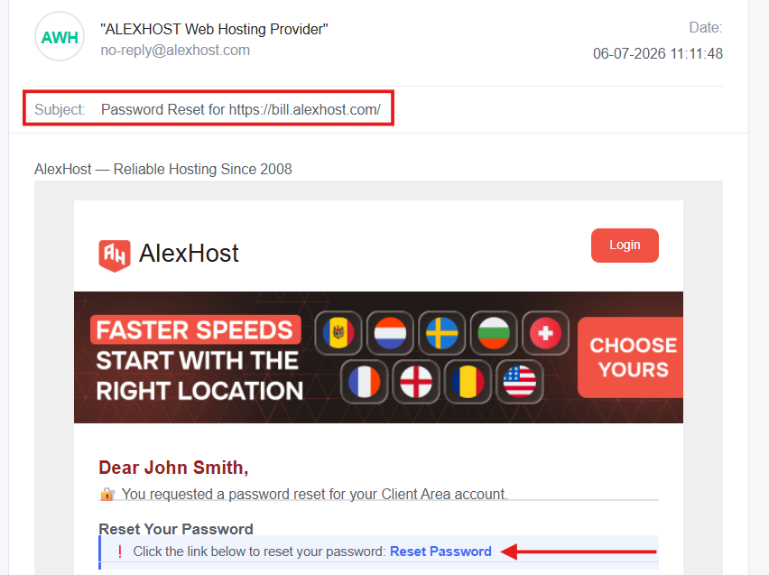 Password reset email