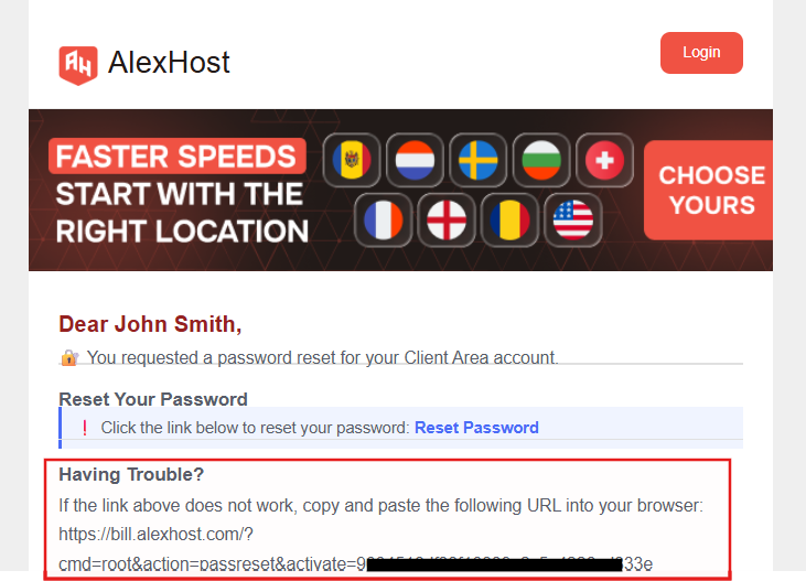 Fallback reset link in email