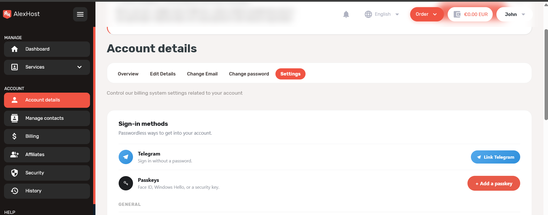 Sign-in methods section in AlexHost Billing