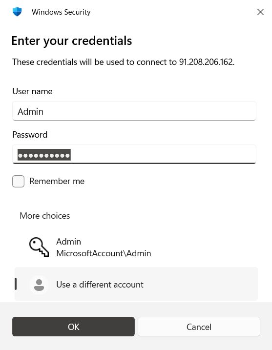 Enter the new RDP credentials