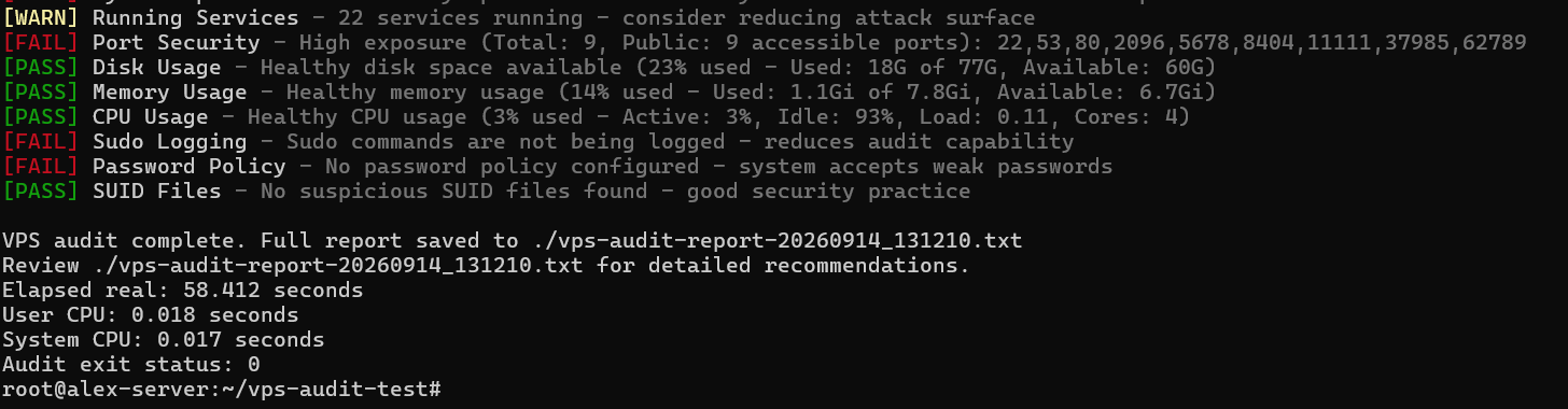 Selected PASS, WARN, and FAIL results followed by the report path, runtime, and exit status