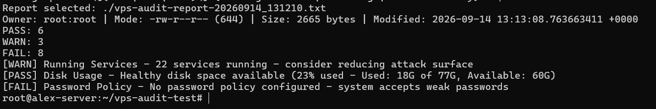 Selected report metadata, PASS-WARN-FAIL totals, and one observed example of each state