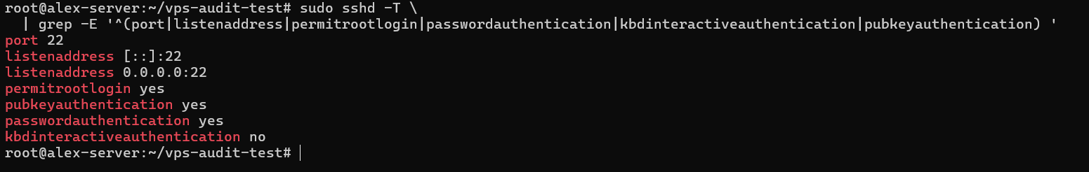 Effective OpenSSH port, listening addresses, and authentication settings