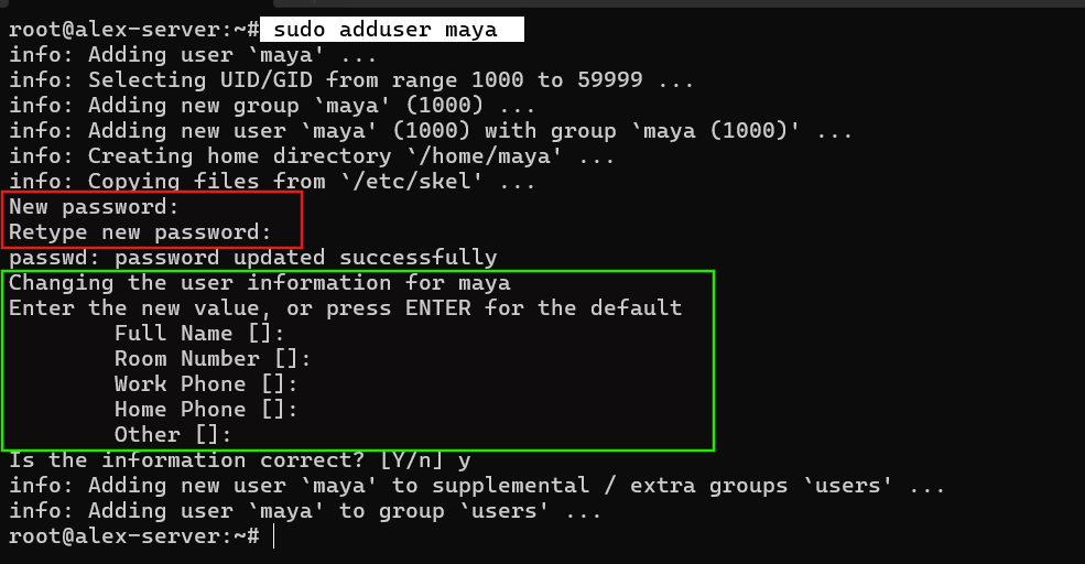 Creating Maya's user account with adduser