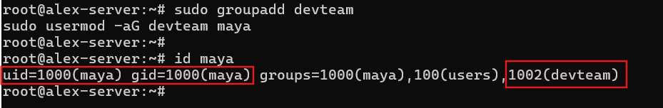 Adding Maya to devteam and verifying her group membership
