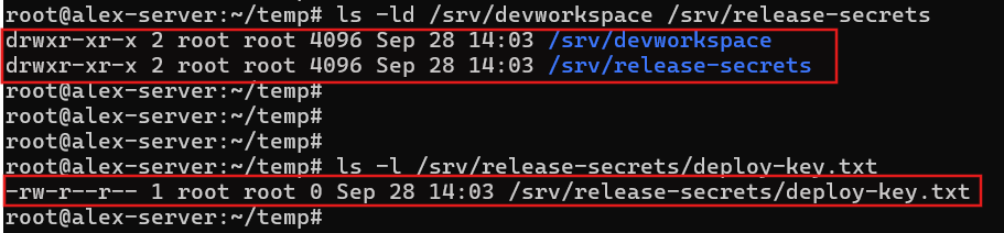 Inspecting the initial ownership and permissions of both paths